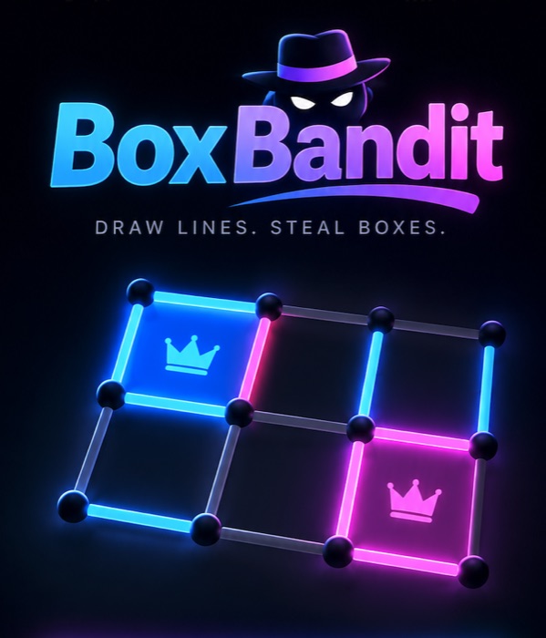 BoxBandit title art: a bandit in a fedora over a neon dot grid