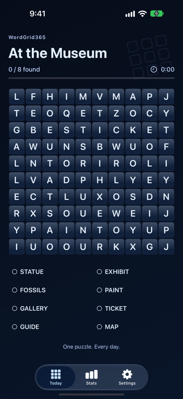 WordGrid365 on iPhone: today’s At the Museum grid with eight words to find